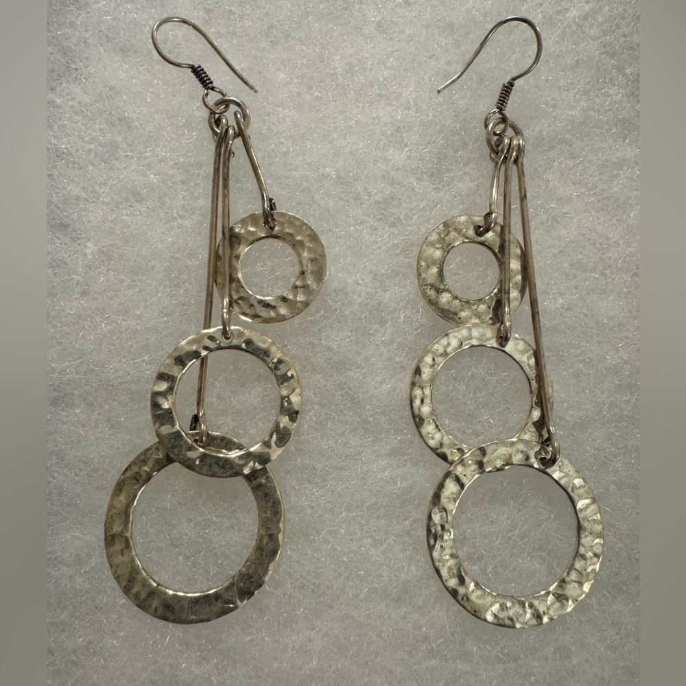 Silver Hammered Triple Circle Drop Earrings
